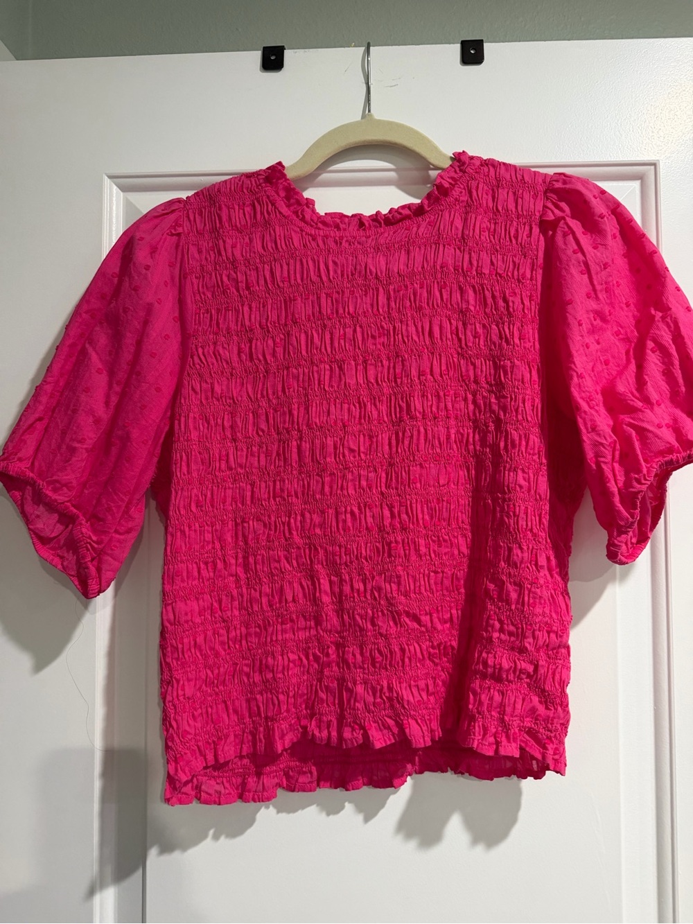 J. Crew Hot Pink Smocked Puff Sleeve Blouse